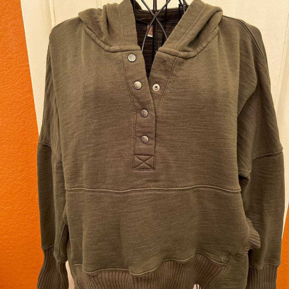 Free People Olive Hooded Henley Pullover Sweatshirt